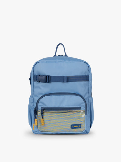 CALPAK Kids Small Backpack in Blue for ages 3-5 is built for your little one’s big days with dark blue zippers and yellow mesh front pocket, multiple interior pockets for an 11” tablet or laptop, and padded comfort straps; CKBS2501-BLUE