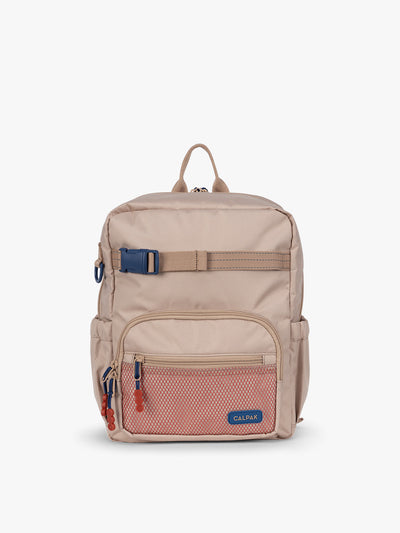 CALPAK Kids Small Backpack in brown and tan Khaki for ages 3-5 is built for your little one’s big days with dark brown and tan zippers and red mesh front pocket, multiple interior pockets for an 11” tablet or laptop, and padded comfort straps; CKBS2501-KHAKI