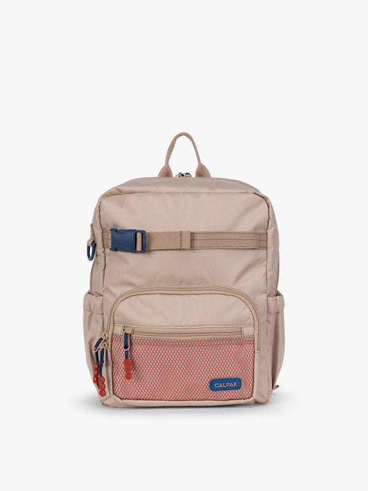 CALPAK Kids Small Backpack in brown and tan Khaki for ages 3-5 is built for your little one’s big days with dark brown and tan zippers and red mesh front pocket, multiple interior pockets for an 11” tablet or laptop, and padded comfort straps; CKBS2501-KHAKI