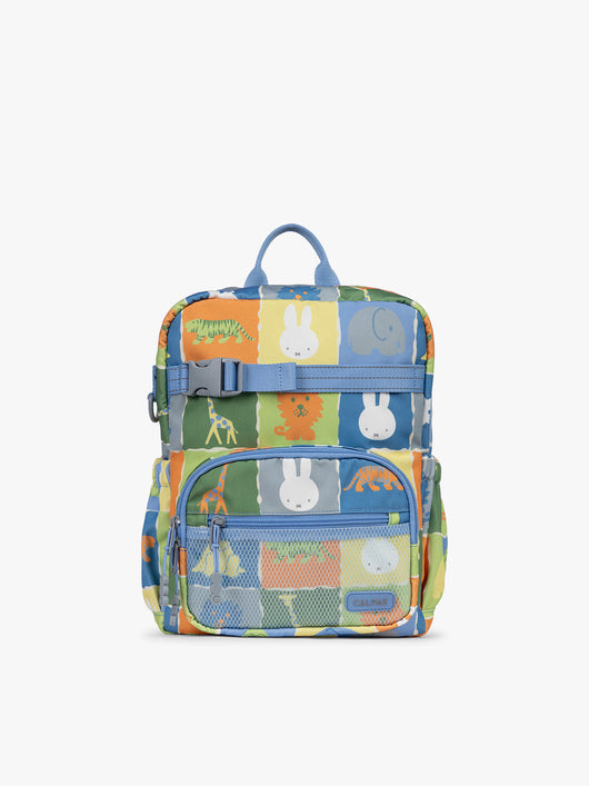 Front view of CALPAK Kids Small Backpack with Miffy and blue colorful animal pattern on a white background; CKBS2501-MIFFY-BLUE-ZOO-TRIP