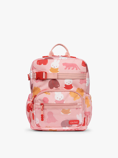 CALPAK Kids Small Backpack with Miffy and pink colorful animal pattern on a white background; CKBS2501-MIFFY-PINK-ZOO-TRIP