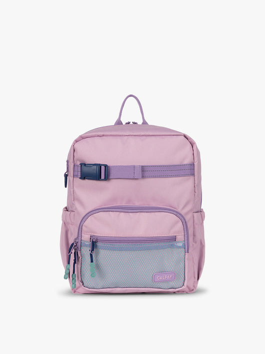 CALPAK Kids Small Backpack in lavender pink Orchid Pink for ages 3-5 is built for your little one’s big days with lavender pink  zippers and blue mesh front pocket, multiple interior pockets for an 11” tablet or laptop, and padded comfort straps; CKBS2501-ORCHID-PINK