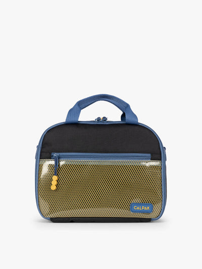 CALPAK Kids Lunch Bag in Black front view with blue zippers and yellow mesh front pocket, water-proof lining, insulated, multiple interior pockets, and back name tag; CKLB2501-BLACK