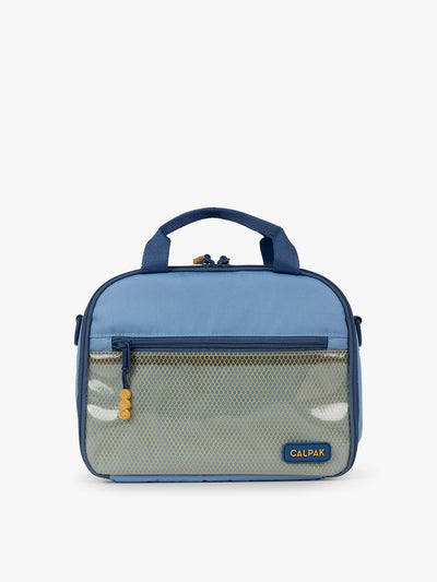 CALPAK Kids Lunch Bag in Blue front view with dark blue zippers and yellow mesh front pocket, water-proof lining, insulated, multiple interior pockets, and back name tag; CKLB2501-BLUE 