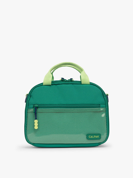 Green CALPAK Kids Lunch Bag with lime green accents and front mesh pocket on a white background; CKLB2501-GREEN