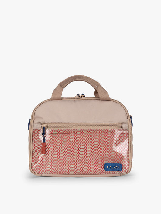 CALPAK Kids Lunch Bag in brown and tan Khaki front view with tan brown zippers and red mesh front pocket, water-proof lining, insulated, multiple interior pockets, and back name tag; CKLB2501-KHAKI 