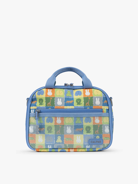 Front side of CALPAK Kids Lunch Bag with Miffy and animal pattern with mesh front pocket and top handles on a white background; CKLB2501-MIFFY-BLUE-ZOO-TRIP