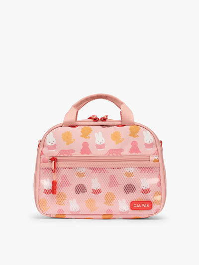 Pink CALPAK Kids Lunch Bag with Miffy and animal pattern with mesh front pocket and top handles on a white background; CKLB2501-MIFFY-PINK-ZOO-TRIP