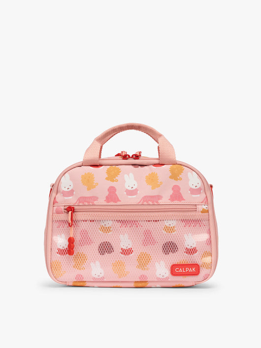 Pink CALPAK Kids Lunch Bag with Miffy and animal pattern with mesh front pocket and top handles on a white background; CKLB2501-MIFFY-PINK-ZOO-TRIP