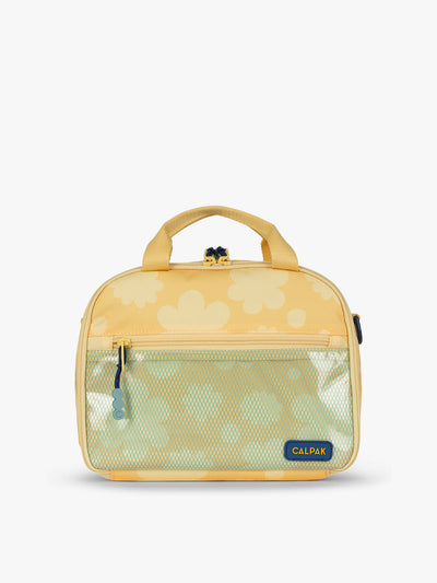 CALPAK Kids Lunch Bag in yellow with tan flower print in Yellow Bloom front view with yellow zippers and blue mesh front pocket, water-proof lining, insulated, multiple interior pockets, and back name tag; CKLB2501-YELLOW-BLOOM