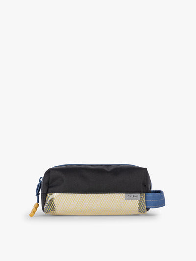 CALPAK Kids Pencil Case in Black front view with blue zippers and yellow mesh front pocket; CKPC2501-BLACK