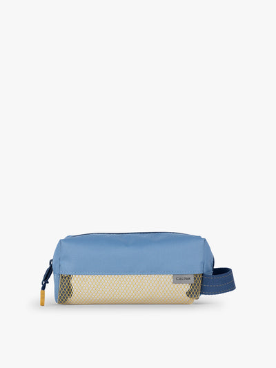CALPAK Kids Pencil Case in Blue front view with dark blue zippers and yellow mesh front pocket; CKPC2501-BLUE