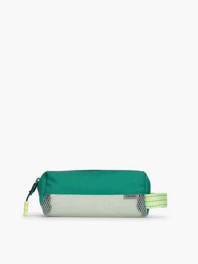 Green CALPAK Kids Pencil Case with lime green accents and mesh bottom on a white background; CKPC2501-GREEN
