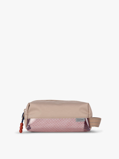 CALPAK Kids Pencil Case in brown and tan Khaki front view with tan brown zippers and red mesh front pocket; CKPC2501-KHAKI