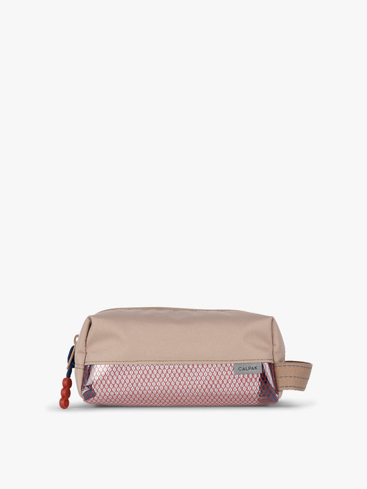 CALPAK Kids Pencil Case in brown and tan Khaki front view with tan brown zippers and red mesh front pocket; CKPC2501-KHAKI