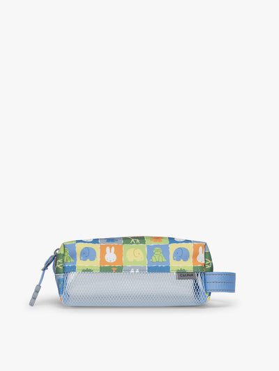 Colorful CALPAK Kids Pencil Case with Miffy and cartoon designs on a white background in Miffy Blue Zoo Trip; CKPC2501-MIFFY-BLUE-ZOO-TRIP