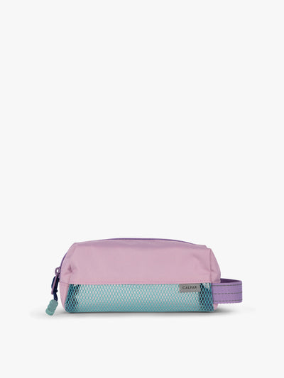 CALPAK Kids Pencil Case in lavender pink Orchid Pink front view with lavender pink zippers and blue mesh front pocket; CKPC2501-ORCHID-PINK