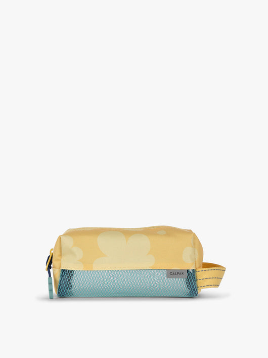 CALPAK Kids Pencil Case in yellow with tan flower print in Yellow Bloom front view with yellow zippers and blue mesh front pocket; CKPC2501-YELLOW-BLOOM