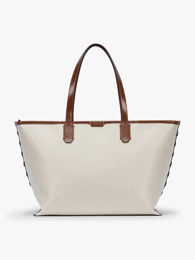 CALPAK Colette 15" Canvas Laptop Tote in beige canvas material with brown finishing in Natural Brown; CLCT2601-NATURAL-BROWN