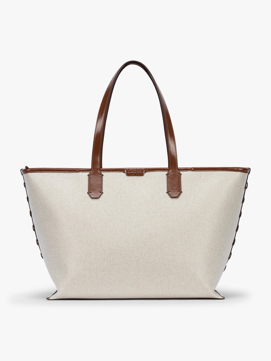 CALPAK Colette 15" Canvas Laptop Tote in beige canvas material with brown finishing in Natural Brown; CLCT2601-NATURAL-BROWN