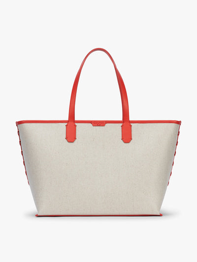 CALPAK Colette 15" Canvas Laptop Tote in beige canvas material  with red finishing in Natural Tomato; CLCT2601-NATURAL-TOMATO