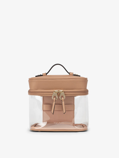 CALPAK Clear Train Case with Top Compartment and transparent PVC panels and zip-around opening in caramel; CTC2401-CARAMEL