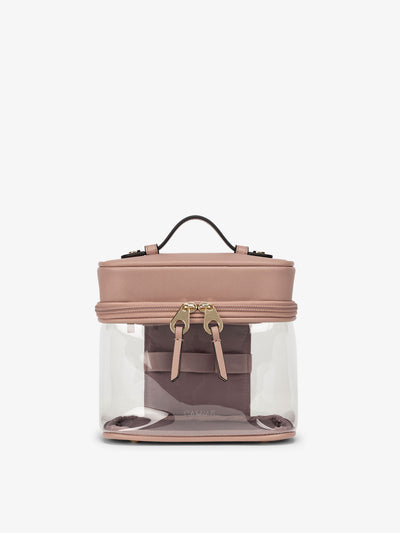 CALPAK Clear Train Case with Top Compartment and transparent PVC panels and zip-around opening in mauve; CTC2401-MAUVE