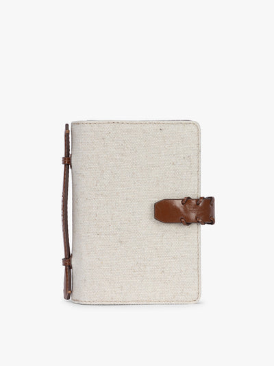 CALPAK Colette Multi Passport Wallet in beige canvas material  and brown finishings in Natural Brown; CLPW2601-NATURAL-BROWN