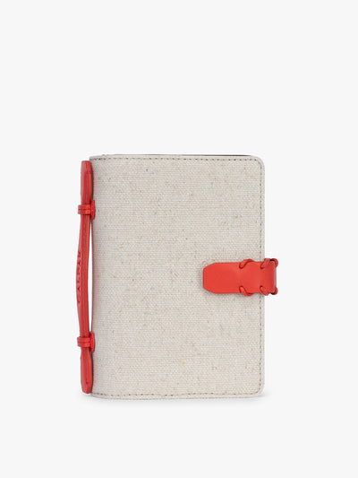 CALPAK Colette Multi Passport Wallet in beige canvas material and red finishings in Natural Tomato; CLPW2601-NATURAL-TOMATO