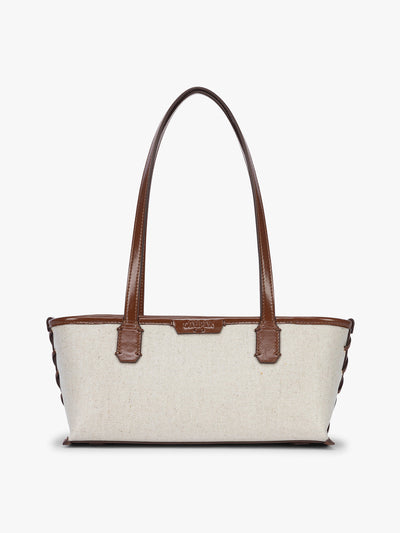 CALPAK Colette Canvas Shoulder Tote in beige canvas material and brown finishing; CLST2601-NATURAL-BROWN