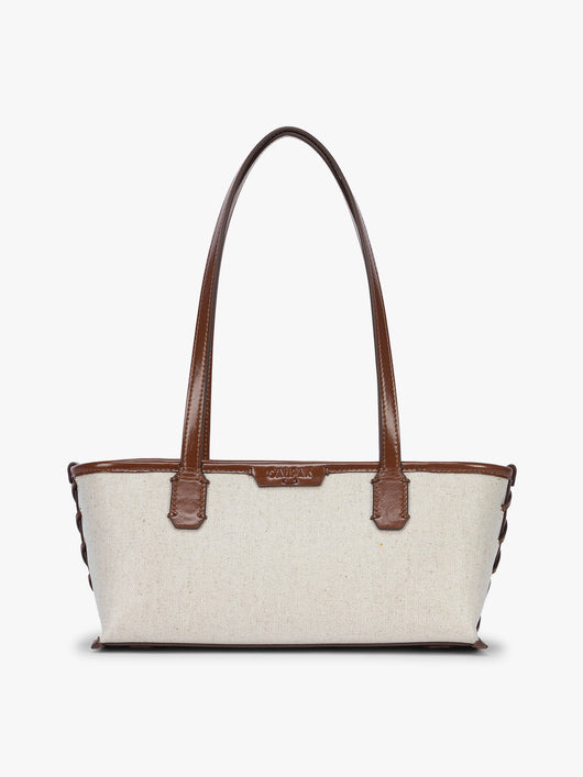 CALPAK Colette Canvas Shoulder Tote in beige canvas material and brown finishing; CLST2601-NATURAL-BROWN