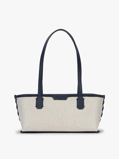 CALPAK Colette Canvas Shoulder Tote in beige canvas material  and blue finishing; CLST2601-NATURAL-NAVY