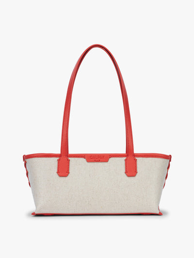 CALPAK Colette Canvas Shoulder Tote in beige canvas material and red finishing; CLST2601-NATURAL-TOMATO