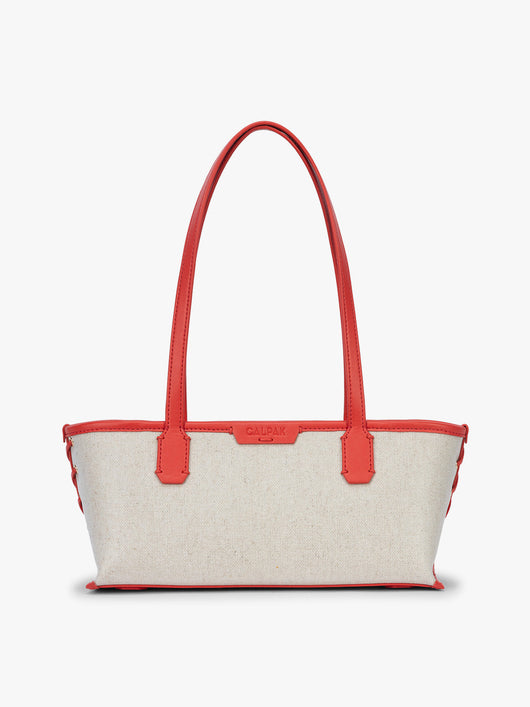 CALPAK Colette Canvas Shoulder Tote in beige canvas material and red finishing; CLST2601-NATURAL-TOMATO