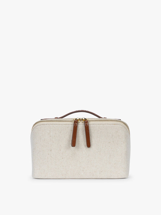 CALPAK Colette Lay-Flat Canvas Toiletry Bag in beige material and brown finishing canvas material; CLTB2601-NATURAL-BROWN