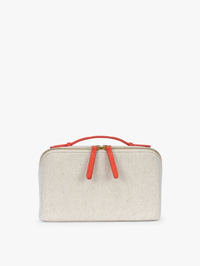 CALPAK Colette Lay-Flat Canvas Toiletry Bag in beige material and red finishing; CLTB2601-NATURAL-TOMATO