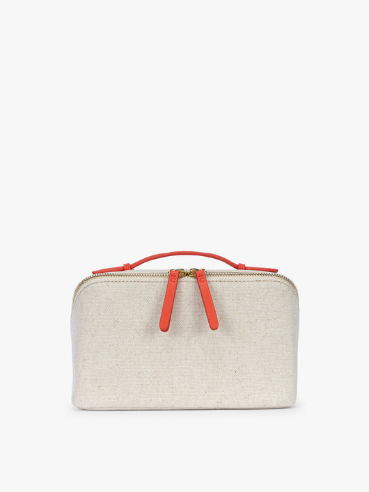 CALPAK Colette Lay-Flat Canvas Toiletry Bag in beige material and red finishing; CLTB2601-NATURAL-TOMATO
