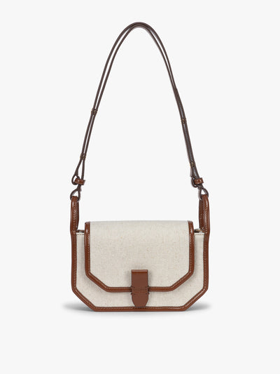 CALPAK Colette Canvas Crossbody Wallet Bag in Natural Brown with beige canvas material and brown finishing; CLWC2601-NATURAL-BROWN