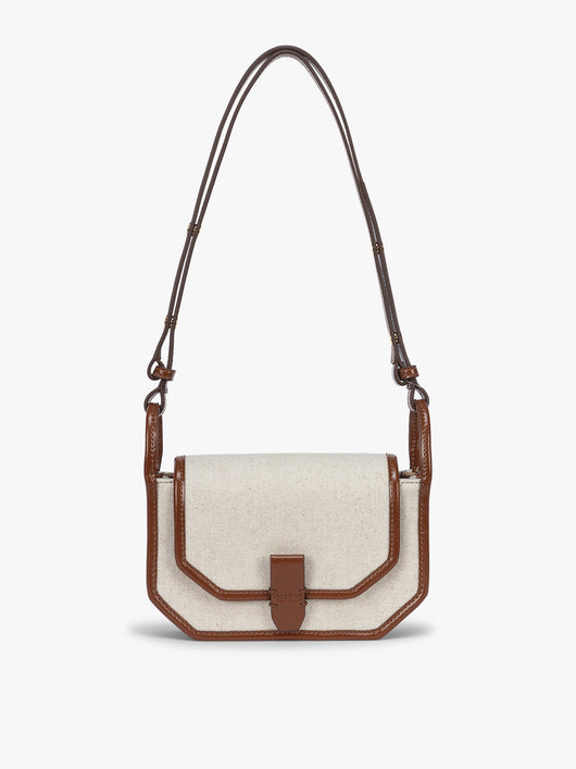 CALPAK Colette Canvas Crossbody Wallet Bag in Natural Brown with beige canvas material and brown finishing; CLWC2601-NATURAL-BROWN