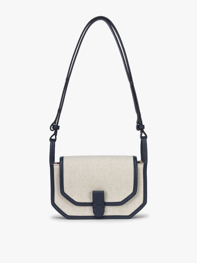 CALPAK Colette Canvas Crossbody Wallet Bag in Natural Brown with beige canvas material and blue finishing; CLWC2601-NATURAL-NAVY