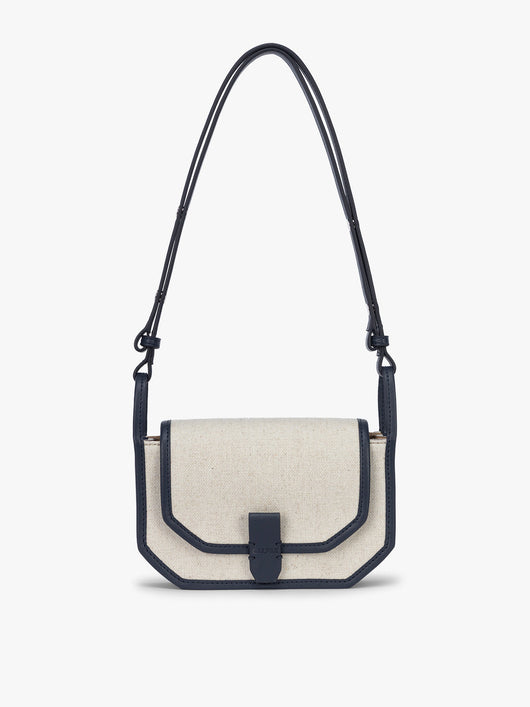 CALPAK Colette Canvas Crossbody Wallet Bag in Natural Brown with beige canvas material and blue finishing; CLWC2601-NATURAL-NAVY