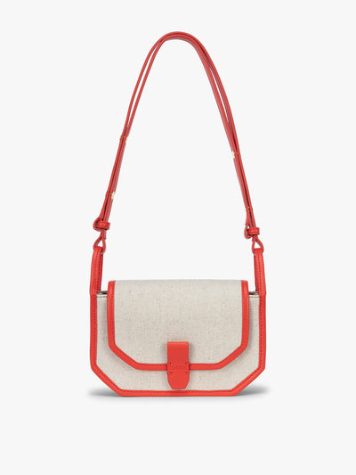CALPAK Colette Canvas Crossbody Wallet Bag in Natural Brown with beige canvas material and red finishing; CLWC2601-NATURAL-TOMATO