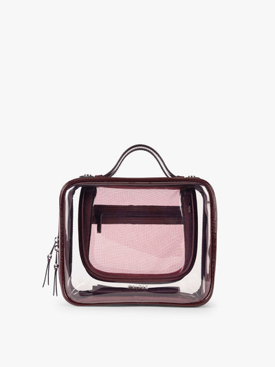 CALPAK Medium Clear Cosmetic Case in maroon Glazed Dark Cherry on a white background; CMM2201-GLAZED-DARK-CHERRY