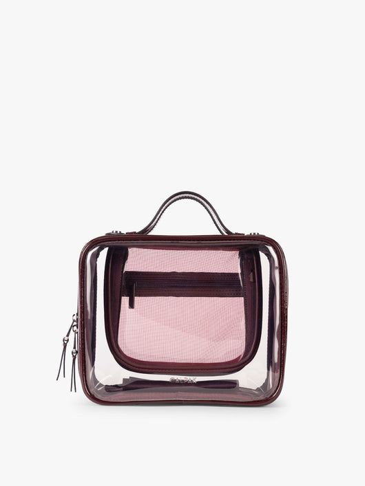 CALPAK Medium Clear Cosmetic Case in maroon Glazed Dark Cherry on a white background; CMM2201-GLAZED-DARK-CHERRY