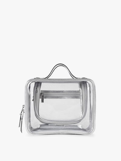 CALPAK Medium Clear Cosmetic Case in Silver on a white background; CMM2201-SILVER