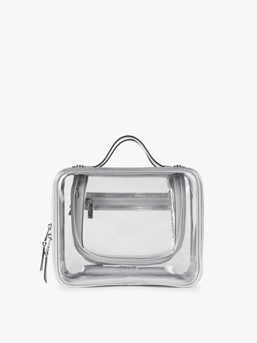 CALPAK Medium Clear Cosmetic Case in Silver on a white background; CMM2201-SILVER