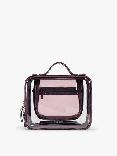 CALPAK Medium Clear Cosmetics Case that is a transparent pouch with a deep red Dark Cherry in crocodile-embossed; CMM2201-DARK-CHERRY-FAUX-CROC