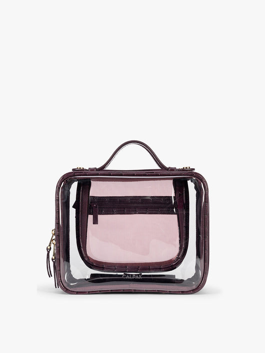 CALPAK Medium Clear Cosmetics Case that is a transparent pouch with a deep red Dark Cherry in crocodile-embossed; CMM2201-DARK-CHERRY-FAUX-CROC