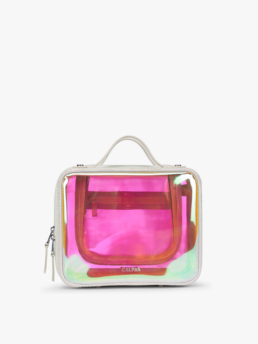 CALPAK Medium Clear Cosmetics Case with white border and iridescent, holographic, and transparent case in Moonbeam on a white background; CMM2201-MOONBEAM