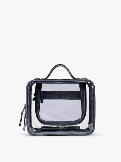 CALPAK Medium Clear Cosmetics Case that is a transparent pouch with a deep blue Navy in crocodile-embossed; CMM2201-NAVY-FAUX-CROC